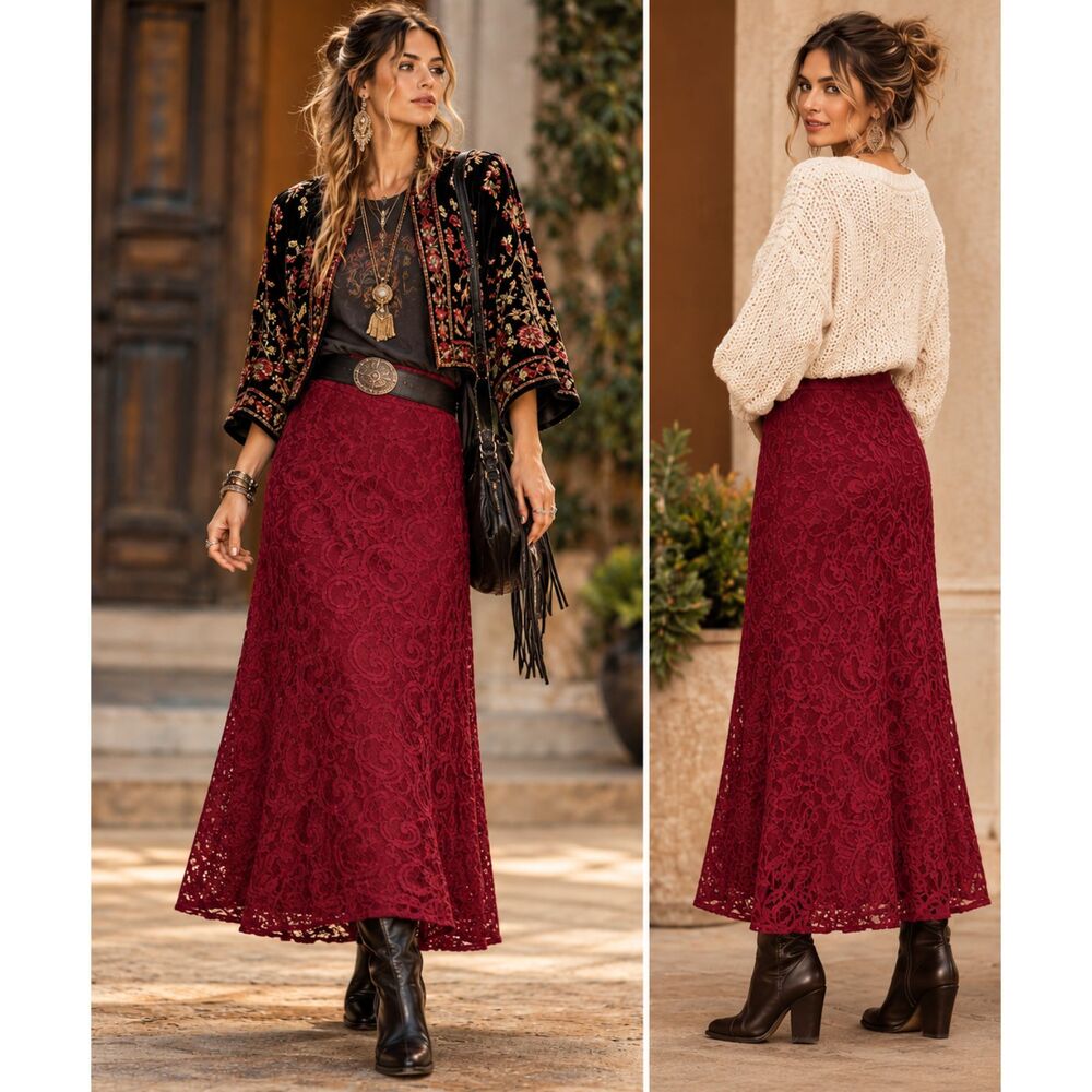 Vintage Made In USA Crimson Lace Maxi Skirt From Collections ETC. Size Medium